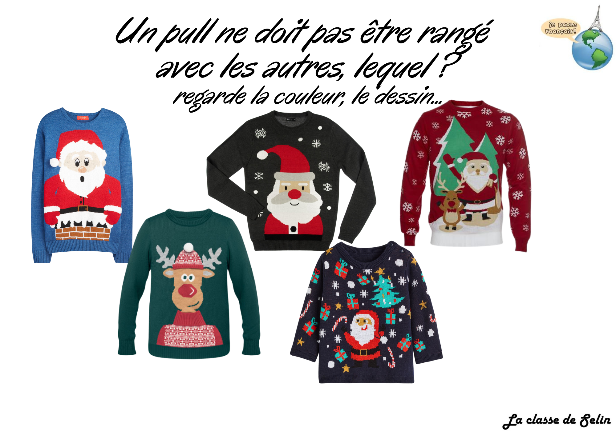 5 photos de pulls de Noël, 4 comportent un Père Noël et un pull a un cerf. Ils sont tous de couleurs différentes. Il faut dire lequel est différent.